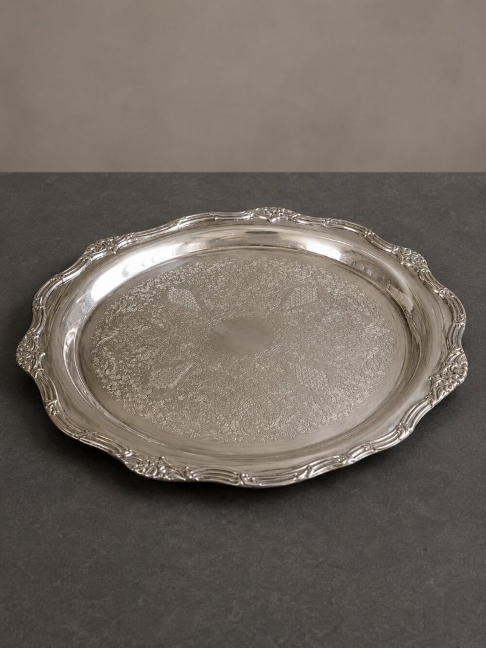 Vintage Pilgrim Oneida Silverplate Tray – Etched Scalloped Serving Platter